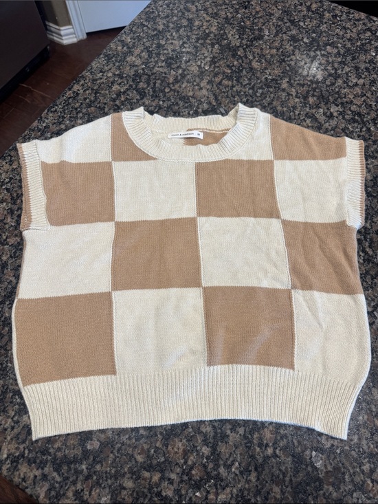 moon & madison Sweaters - moon & madison Cream and Tan Checkerboard Crewneck Sweater Vest